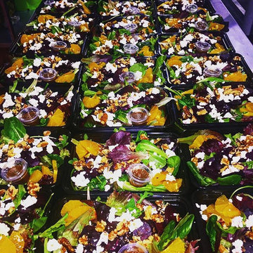 Mixed greens roasted baby beets with orange an walnuts w goat cheese and Pom vin - Nourish NB