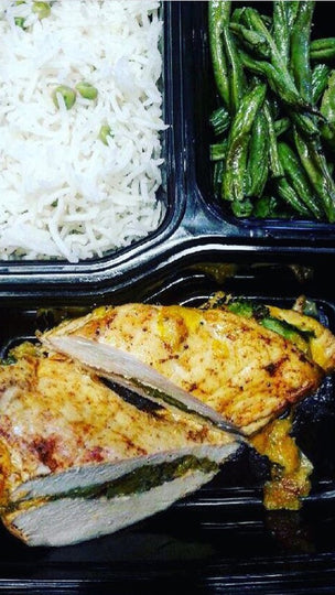 Broccoli and Cheddar Stuffed Chicken with Rice and Green Beans - Nourish NB