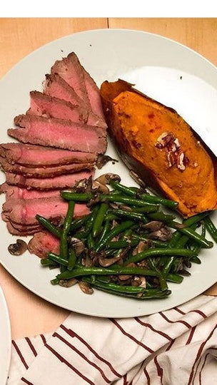 Steak, Twice Baked Sweet Potato, with Green Beans and Mushroom. - Nourish NB